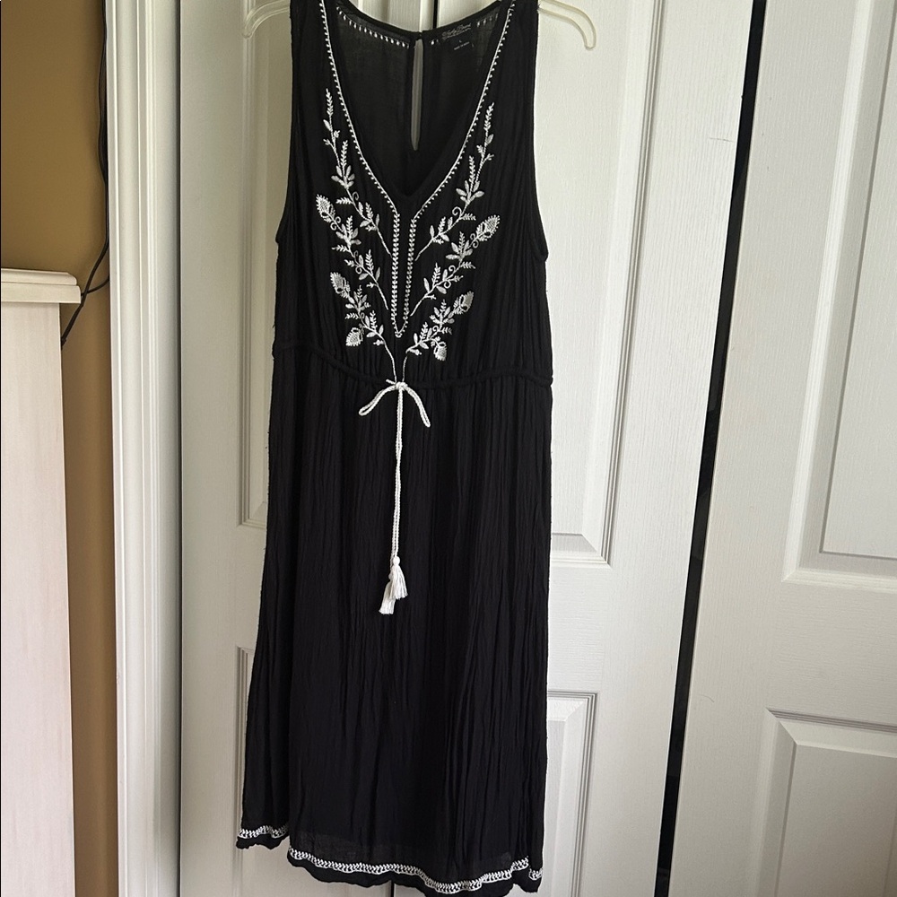 Lucky Brand Black Midi Dress with White Embroidery